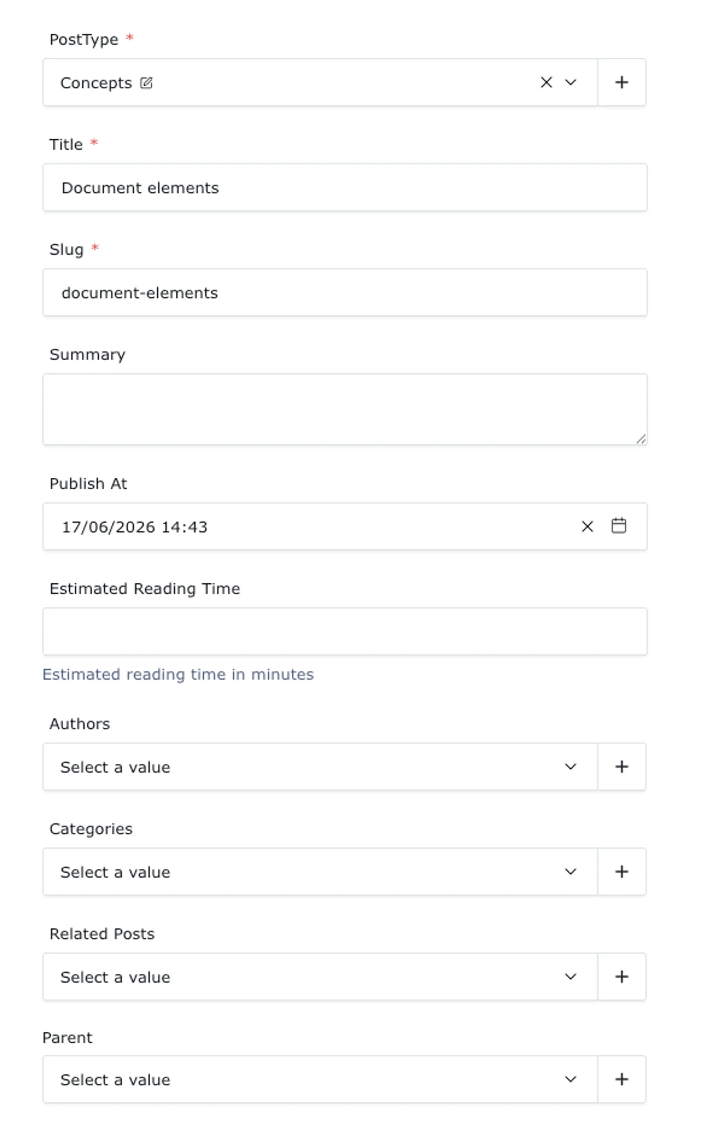 Screenshot of AXIO document metadata panel in the Admin Panel